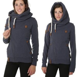 NAKETANO Blue Melange Asymmetrical Zip Hoodie Size Small Cowl Neck Owl Patch